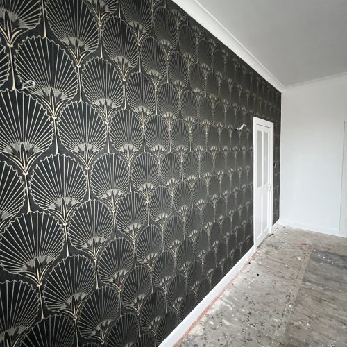 Home 6 Black and gold art deco feature wallpaper hung by decorators in Ayr